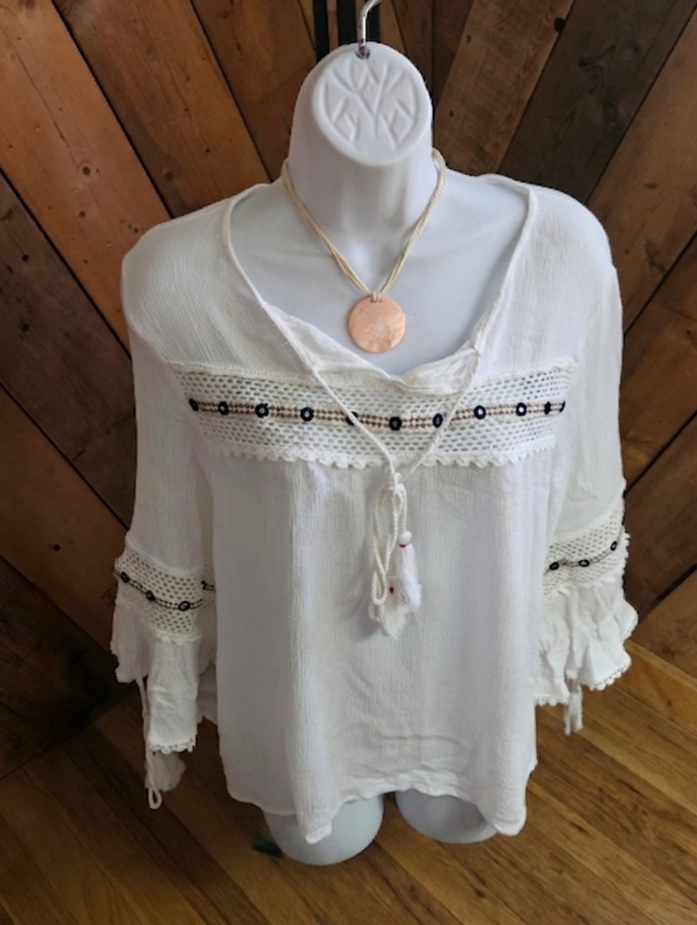 POL White Boho Peasant Blouse - Embellishments & Tassels - Size M